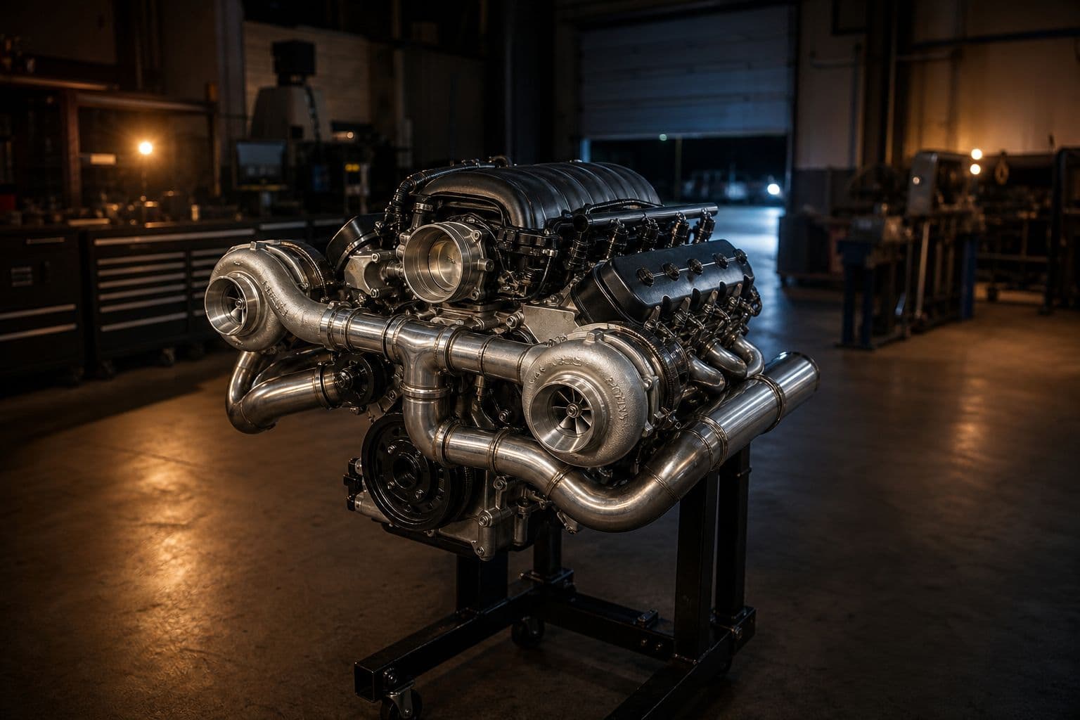 Twin-turbo LS engine build on a stand