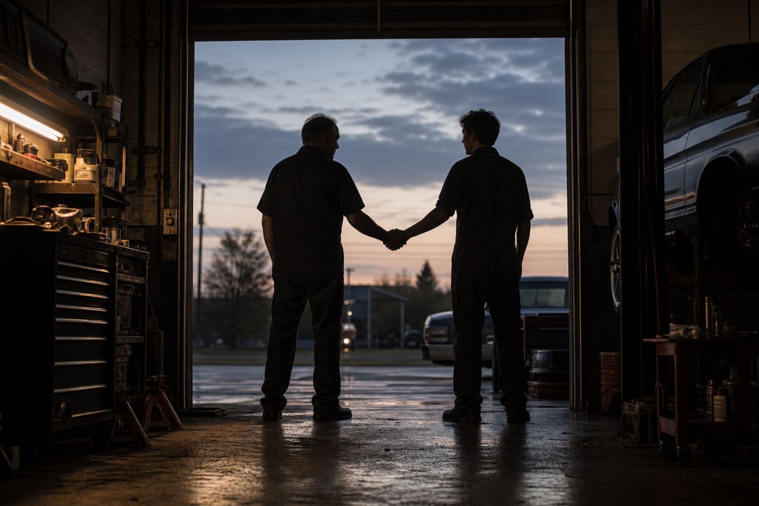 Two generations of mechanics shaking hands