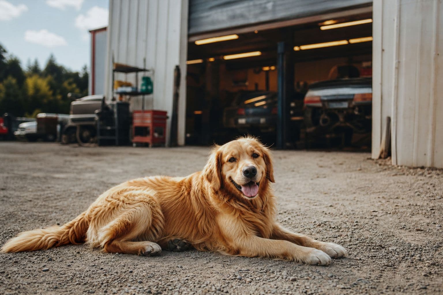 A happy dog relaxing in the shop's back yard